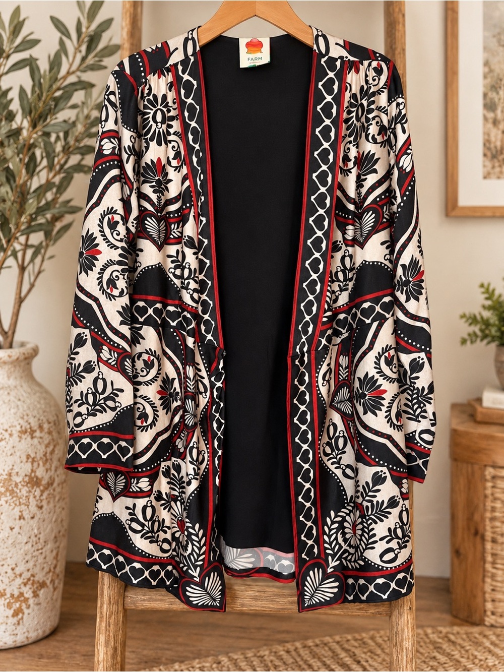 FARM Rio Kimono Cardigan L Black Cream Red Floral Heart Boho